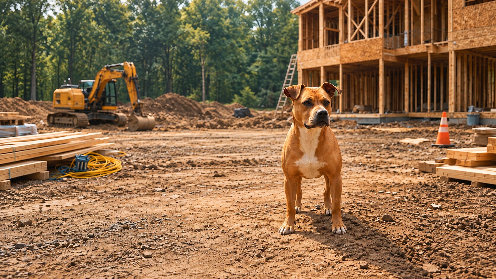 Diesel the dog standing on an Alpine Elite Construction job site with a framed home and excavator behind him