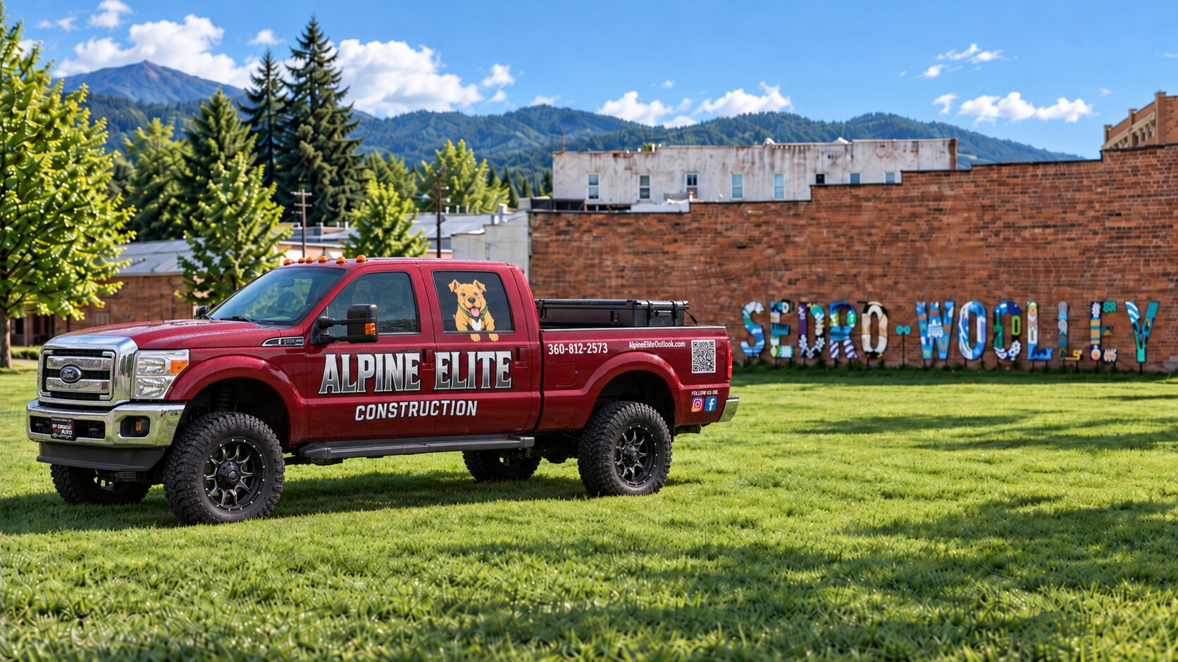 Alpine Elite Construction truck parked at the Sedro-Woolley mural